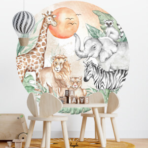 Textilná nálepka na stenu - SAFARI zvieratká v kruhu