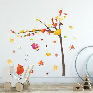 Nálepka na stenu - Jesenný strom s vtáčikmi